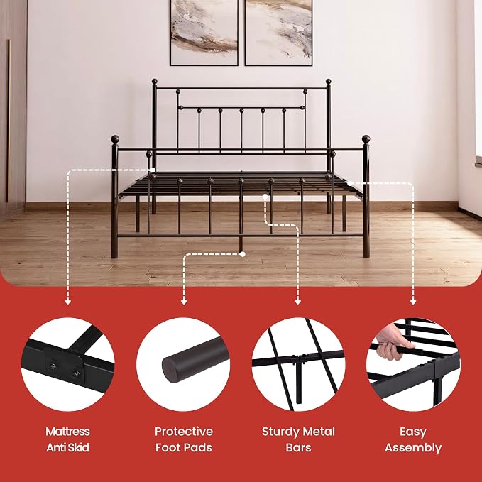 Golden Gate Beds Victorian Style Metal Platform Bed Frame with Antique Wrought Iron-Art Headboard and Footboard, Classic Cama Steel Mattress Foundation, No Box Spring Needed, Queen Size, Black Finish