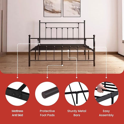 Golden Gate Beds Victorian Style Metal Platform Bed Frame with Antique Wrought Iron-Art Headboard and Footboard, Classic Cama Steel Mattress Foundation, No Box Spring Needed, Queen Size, Black Finish