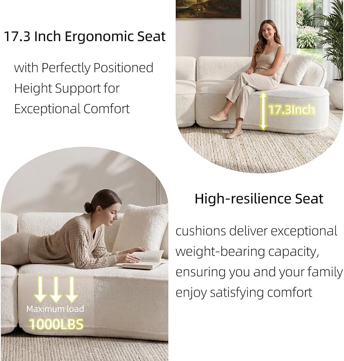 114" Curved Sectional Sofa Couch，4 Seater Oversized Boneless Cloud Couch with 4 Throw Pillows，Modern Round Couch Sofa，Comfy Deep Seat Chenille Memory Foam Sofa for Living Room (CreamWhite, 114.2 Inch)