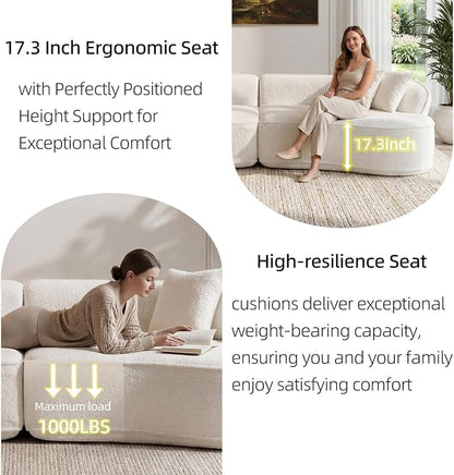 114" Curved Sectional Sofa Couch，4 Seater Oversized Boneless Cloud Couch with 4 Throw Pillows，Modern Round Couch Sofa，Comfy Deep Seat Chenille Memory Foam Sofa for Living Room (CreamWhite, 114.2 Inch)