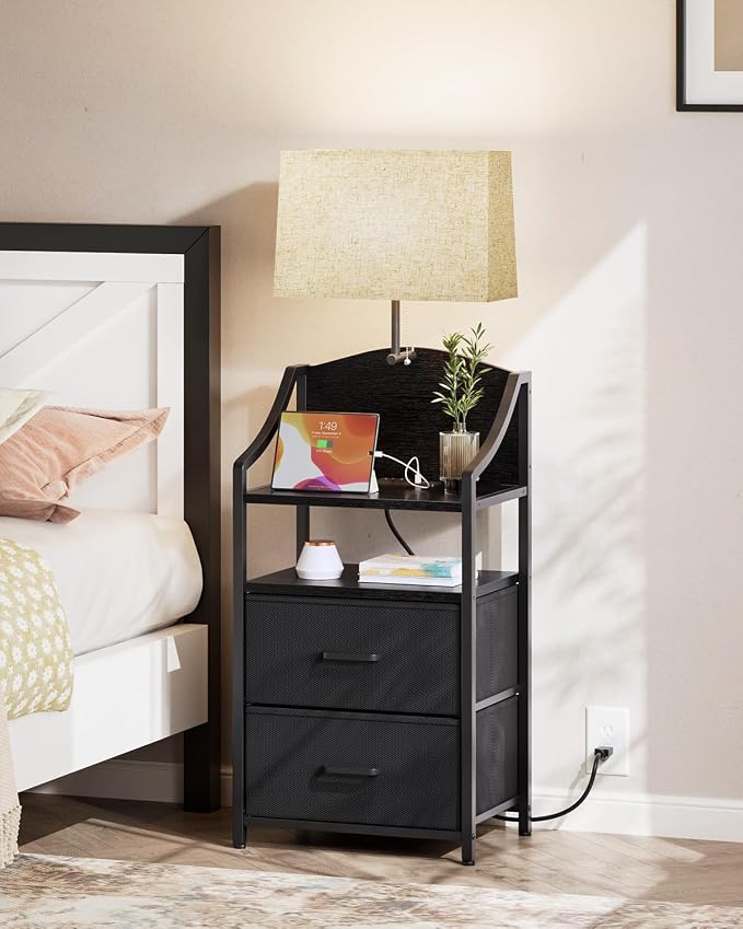 Evermagin 45" Tall Nightstands Set of 2 with Light, Nightstand with Charging Station, USB Ports and Outlets, Bedside Table End Table with 2 Fabric Drawers for Bedroom, Dorm, Black