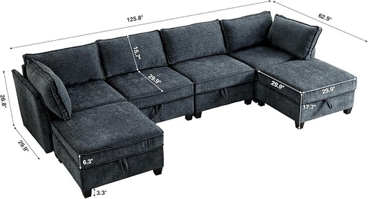 ORRD Oversize Modular Sectional Sofa Set, Convertible U Shaped Couch with Storage, 6 Seater Sofa Modular with Ottomans and Reversible Chaise for Living Room, Office (Blue Grey)