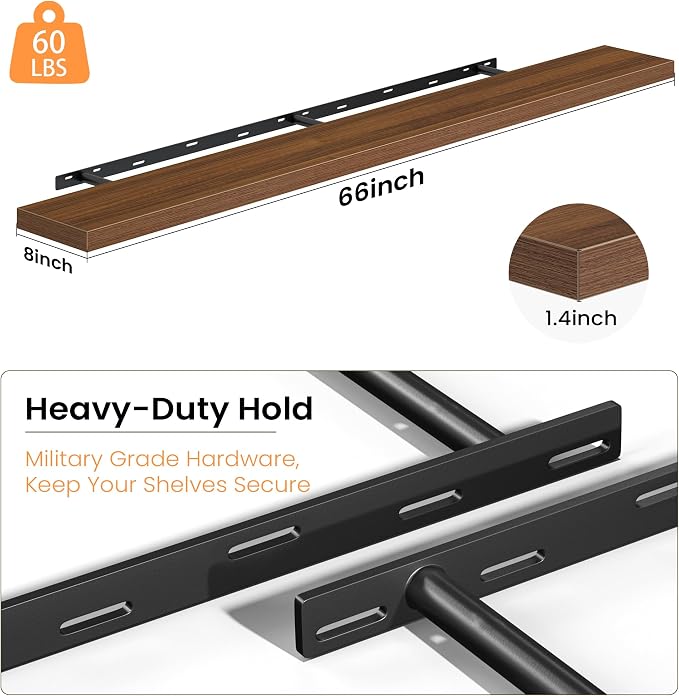 Fun Memories 66 Inch Floating Shelves - Fireplace Mantel Shelf - Deep Wall Mounted Wood Storage Shelf for Bedroom, Kitchen, Farmhouse - 2 Pack, Walnut