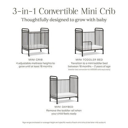 Namesake Abigail 3-in-1 Portable Baby Crib with Wheels - GREENGUARD Gold Certified Convertible Crib to Toddler Bed & Daybed - Metal Baby Bed w/ 4 Adjustable Mattress Heights, for Small Spaces - Iron