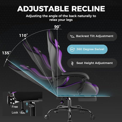 GTPLAYER Gaming Chair, Computer Chair with Footrest and Lumbar Support, Height Adjustable Game Chair with 360°-Swivel Seat and Headrest and for Office or Gaming (Faux Leather, Purple)