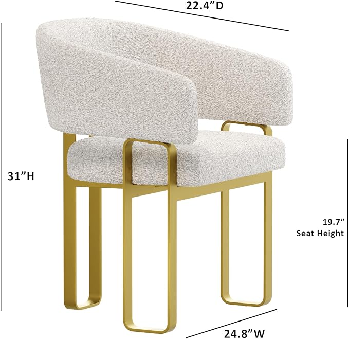 Off White and Gold Dining Chairs with Arms, Barrel Dining Room Chairs with White Boucle & U-Shaped Brushed Gold Metal Legs for Kitchen (Set of 8)