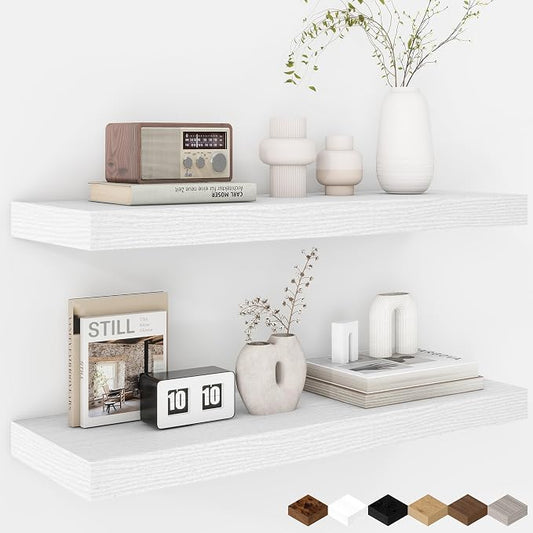 Fun Memories 24 Inch Floating Shelves - Deep Rustic White Wooden Wall Shelves - Extra Deeper & Thicker Wall Mounted Storage Shelf for Bedroom, Kitchen, Farmhouse - 2 Pack, Rustic White