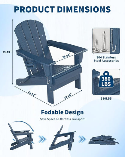 Garvee Folding Adirondack Chair, HDPE Outdoor Patio Chair with Cup Holder, All Weather Resistent Wooden Textured for patios, Decks, Gardens, fire Pit, Navy Blue