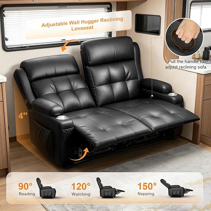 Reclining Loveseat, 55.1" RV PU Leather Wall Hugger Recliner Love Seats Sofa with Charging Station, Removable Armrest, Cup Holder, Double Recliners Couch, Manual Love Seat for Living Room