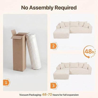 Claiks 94" Boneless Couch, Cloud Couch Sectional, L-Shape Corduroy Modular Sectional Sofa Deep Seat, Upholstered Couches for Living Room, No Assembly Required, Beige
