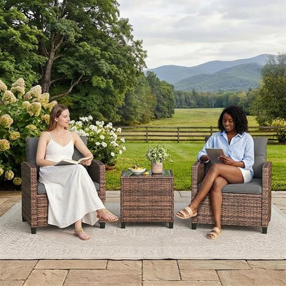 GarveeLife 3 Pieces Patio Furniture Set, PE Rattan Patio Conversation Set with Tempered Glass Tabletop, Outdoor Wicker Chairs and Table Set for Patio Balcony Garden, Brown and Grey