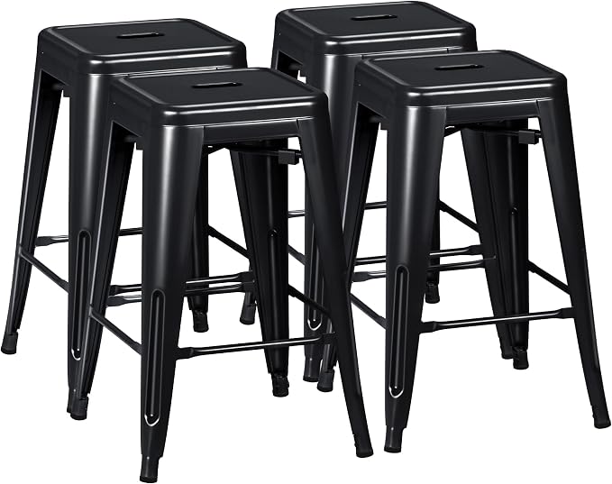 Furmax 24 Inch Metal Bar Stools Set of 4, Counter Height Bar Stools Height High Backless Stools Industrial Stackable Bar Chairs for Dining Room Kitchen Indoor Outdoor Stools Bar Chairs (Black)