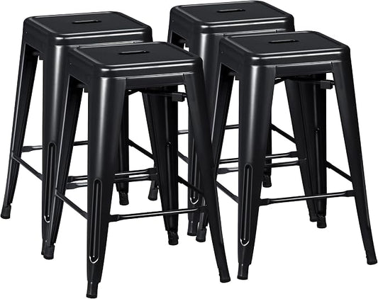 Furmax 24 Inch Metal Bar Stools Set of 4, Counter Height Bar Stools Height High Backless Stools Industrial Stackable Bar Chairs for Dining Room Kitchen Indoor Outdoor Stools Bar Chairs (Black)