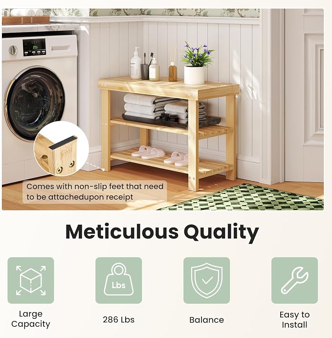 DUMOS Shoe Rack Bench with Storage, 3-Tier Bamboo Entryway Benches, Wooden Shoe Rack Holds Up to 286 lb Storage Organizer, Suitable for Bedroom Living Room Balcony, Classical Wood