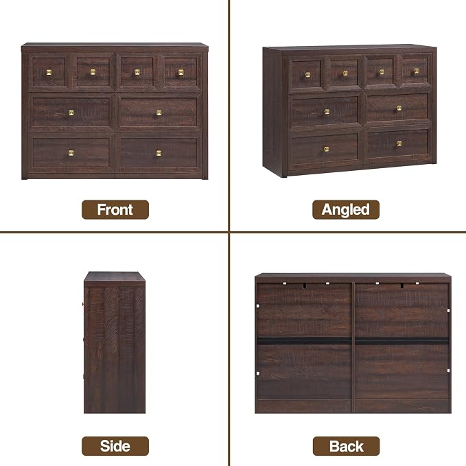 6 Drawers Dresser for Bedroom-46.5" Wide Wooden Chest of Drawers with Large Storage, Long Dresser TV Stand with Drawers, Farmhouse Closet Dressers for Living Room Bedroom, Brown