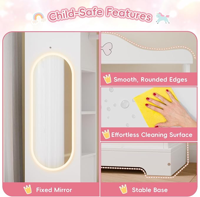 Xilingol Kids Armoire Dress Up Storage with Mirror, Kids Wardrobe Closet with Jewelry Cabinet and Storage Shelves, Open Hanging Armoire Costume Organizer for Bedroom (White)