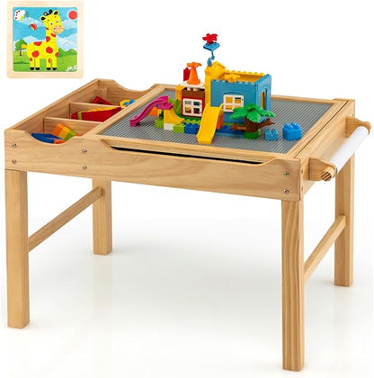 Costzon Kids Table, 3 in 1 Wood Building Block Desk w/Storage, Paper Roll, Reversible Tabletop for Toddler Arts, Crafts, Drawing, Reading, Playing, Gift for Boys Girls, Activity Table (Natural)