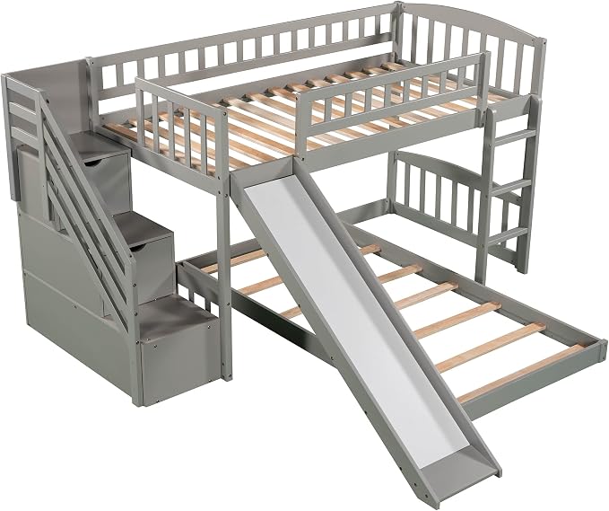 Ball & Cast Twin Over Twin Size Bunk Bed with Two Drawers and Slide,Wood Bunkbed w/Full-Length Guardrails & Storage Ladder,Space Saving,Slat Support,Bedframe for Child's Bedroom,Gray