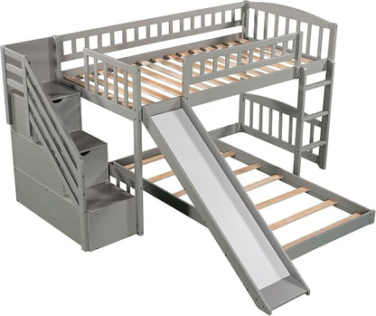 Ball & Cast Twin Over Twin Size Bunk Bed with Two Drawers and Slide,Wood Bunkbed w/Full-Length Guardrails & Storage Ladder,Space Saving,Slat Support,Bedframe for Child's Bedroom,Gray