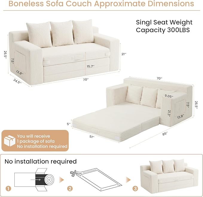 Boneless Couch Sofa Bed, 70'' Convertible Tri-Folding Futon Sleeper with Handle & Side Pockets, Pull Out Couch Bed with Hook and Loop No Assembly for Small Space,Living Room & Bedroom