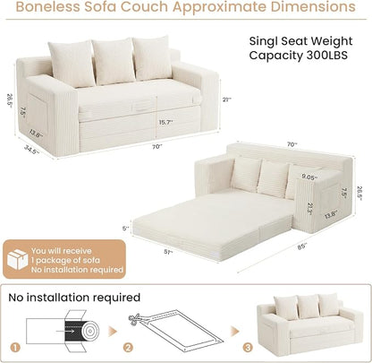 Boneless Couch Sofa Bed, 70'' Convertible Tri-Folding Futon Sleeper with Handle & Side Pockets, Pull Out Couch Bed with Hook and Loop No Assembly for Small Space,Living Room & Bedroom