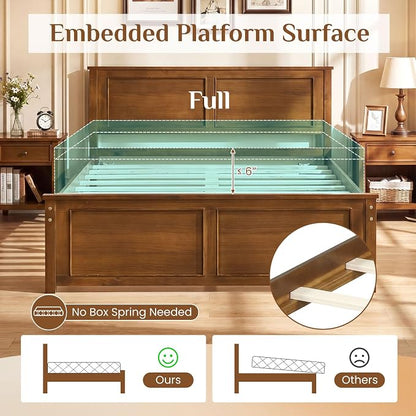 Giantex Wood Full Size Bed Frame with Headboard, Farmhouse Solid Platform Bed w/Wooden Slat Support Mattress Foundation, Under-Bed Storage, No Box Spring Needed, Walnut