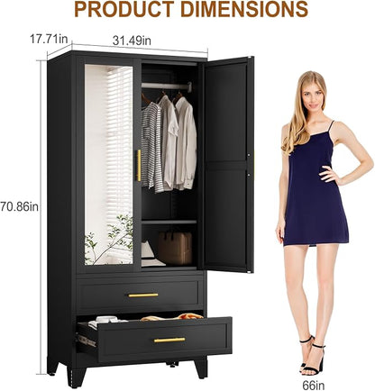 Metal Armoire Wardrobe Closet Storage Cabinet with 2 Doors Black, 71'' Wardrobe with Hanging Rod Metal Closet with Adjustable Shelf and 2 Drawers, Freestanding Storage Cabinet for Bedroom