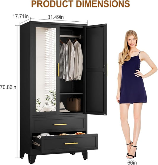 Metal Armoire Wardrobe Closet Storage Cabinet with 2 Doors Black, 71'' Wardrobe with Hanging Rod Metal Closet with Adjustable Shelf and 2 Drawers, Freestanding Storage Cabinet for Bedroom