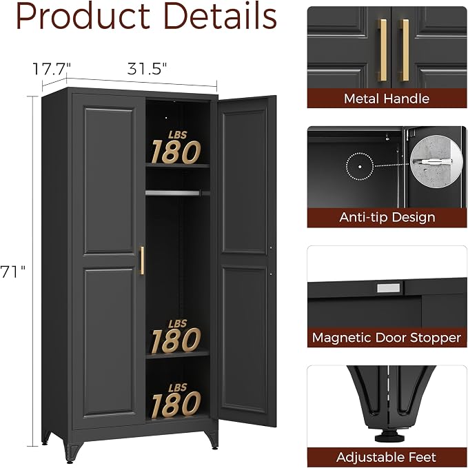 Metal Armoire Wardrobe Closet with 2 Doors, 71" Tall Wardrobe Closet with Doors, Hanging Rod, Drawers and Adjustable Shelves, Black Clothing Storage Cabinets for Bedroom, Home Office