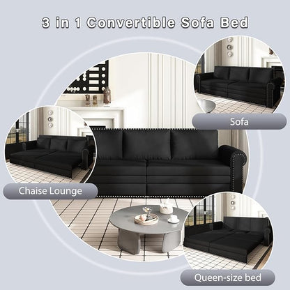 93.7" King Pull Out Sofa Bed, Velvet Sleeper Sofa Couch, 3 in 1 Convertible Futon Couches for Living Room, Small Space, Apartment, Office, Bedroom, Modern Rivet Armrest, Black