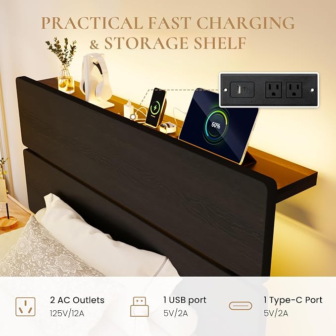 SHA CERLIN Twin Size Bed Frame with Led Light & Built-in Charging Station, Wooden Headboard with Storage Shelf, Metal Platform Bed, Under Bed Storage, No Box Spring Needed, Noise Free, Black