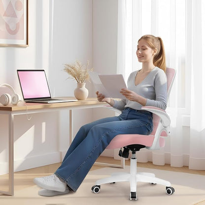 NEO Chair Office Desk Gaming Chair Computer High Back Mesh Seat with Rolling Wheels Ergonomic Adjustable Comfy Flip-up Armrests Lumbar Support Height for Home (Pink White Frame)