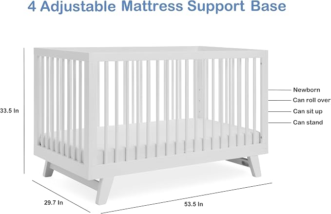 3-in-1 Astin Convertible Baby Crib - Wooden Baby Crib, Grows with Your Baby, Converts to Toddler Bed & Day Bed, 4 Adjustable Support Base Height | White