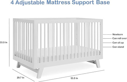 3-in-1 Astin Convertible Baby Crib - Wooden Baby Crib, Grows with Your Baby, Converts to Toddler Bed & Day Bed, 4 Adjustable Support Base Height | White