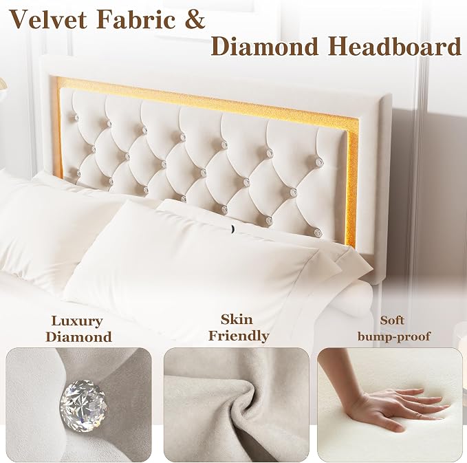 Garvee Floating Bed Frame Full Size with Smart Led Lights, Upholstered Platform Bed with Diamond Headboard, Solid Wood Slats Support, No Box Spring Needed, Noise-Free, Easy Assembly, White