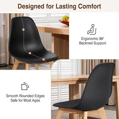 VECELO Dining Chairs Set of 4, Mid-Century Modern Kitchen & Dining Room Chairs, Molded Plastic Seat & Back, Solid Wood Legs, Armless, Non-Slip Feet, Black