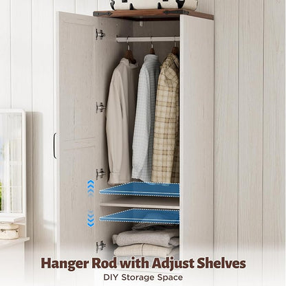 Armoire Wardrobe Closet with Reversible Hinge Doors and Adjustable Shelves, 71” Tall Farmhouse Narrow Wardrobe Closet with 2 Drawers and Hanging Rod, Rustic Wooden Armoire Closet for Bedroom, White