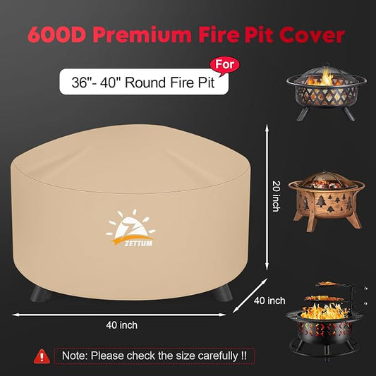 Zettum Fire Pit Cover Round 40 Inch - Outdoor Firepit Cover Waterproof & Heavy Duty, 600D Patio Fire Table Cover Gas Fire Pit Accessories Fade & Weather Resistant - 40 x 40 x 20 Inch