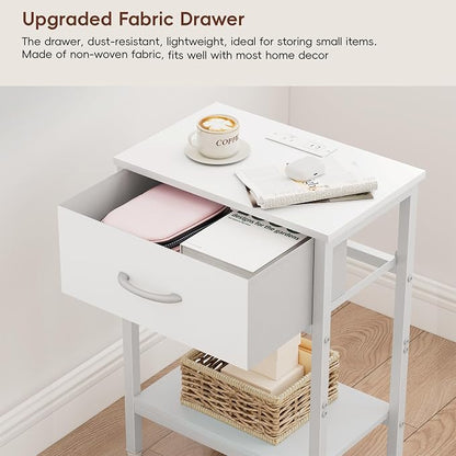 Vagusicc White Nightstand with Charging Station, End Table with Fabric Drawer, Small Side Table with 2-Tier Storage Shelves, 25.4" Tall Bedside Table, White Night Stand for Bedroom, Living Room, Dorm