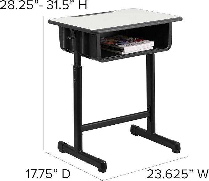 Flash Furniture Billie Open Front Student Desk for Classrooms or Remote Learning, Height Adjust School Desk with Book Box and Bag Hooks, Black/Gray