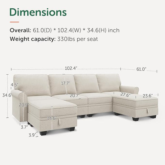 HONBAY Convertible Sectional Sofa with Storage U Shaped Sectional Couch with Reversible Chaise Small Sectional Couches for Living Room,Beige
