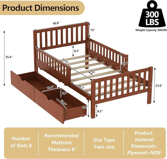 Bellemave Kids Twin Bed Frame with Fences and 2 Drawers, Twin Size Wooden Platform Bed with Guardrails on Both Sides for Boys Girls, Walnut