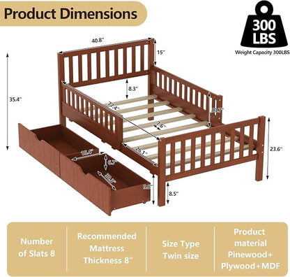 Bellemave Kids Twin Bed Frame with Fences and 2 Drawers, Twin Size Wooden Platform Bed with Guardrails on Both Sides for Boys Girls, Walnut