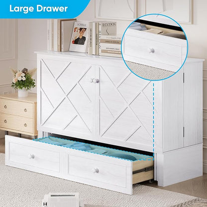 Mjkone Queen Size Murphy Cabinet Bed with Tri-Fold Mattress, Multi-Functional Cube Cabinet Bed, Mobile Wall Beds Chest with Storage Drawers and USB Charging Station for Bedroom Office, White