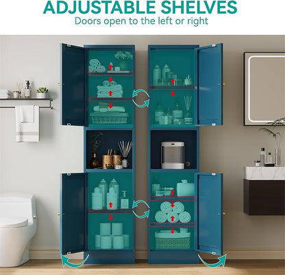 67" Tall Narrow Storage Cabinet with Doors and Open Shelf,Metal Pantry Cabinet,Shaker Style Slim Cabinet with Adjustable Shelves,for Bathroom Kitchen Laundry Small Spaces,Blue, 1Pc