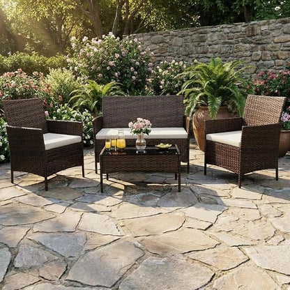 4PCS Outdoor Patio Bistro Set, PE Rattan Wicker Armchairs, Brown/Beige