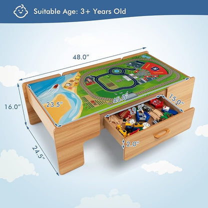 Costzon 2-in-1 Wooden Train Table with Storage Drawer | Kids Activity Table w/ 100 Pieces Railway, Track, Cars, City, DIY Design, Reversible Tabletop, Gift for Boys Girls