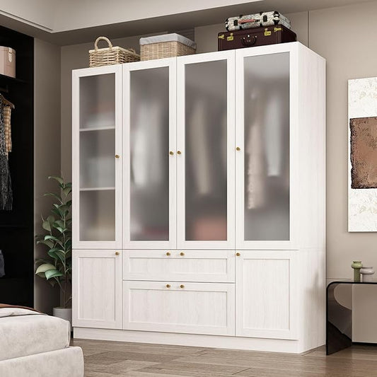 MOUMON Bedroom Armoires with Frosted Glass Doors and Hanging Rod, Wide Modern Wardrobe with Drawers, Large Armoire Wardrobe Closet, Wood Grain 63" W x 19.7" D x 70.9" H