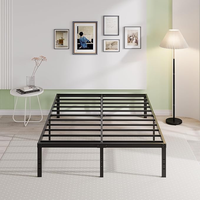EMODA 16 Inch Bed Frame Queen Size Heavy Duty Metal Platform No Box Spring Needed with Steel Slat Support, Easy Assembly, Black