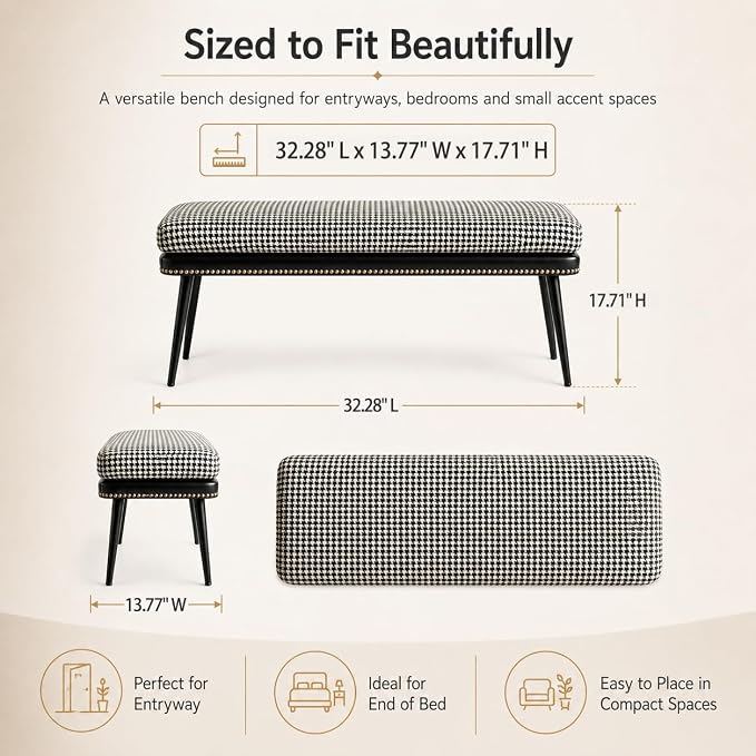 Forteek 32" Retro Upholstered Entryway Bench, Shoe Bench with Cushion | Leather & Fabric Padded Bench, End of Bed Bench for Bedroom, Dining Bench for Living Room, Storage Bench for Hallway & Foyer